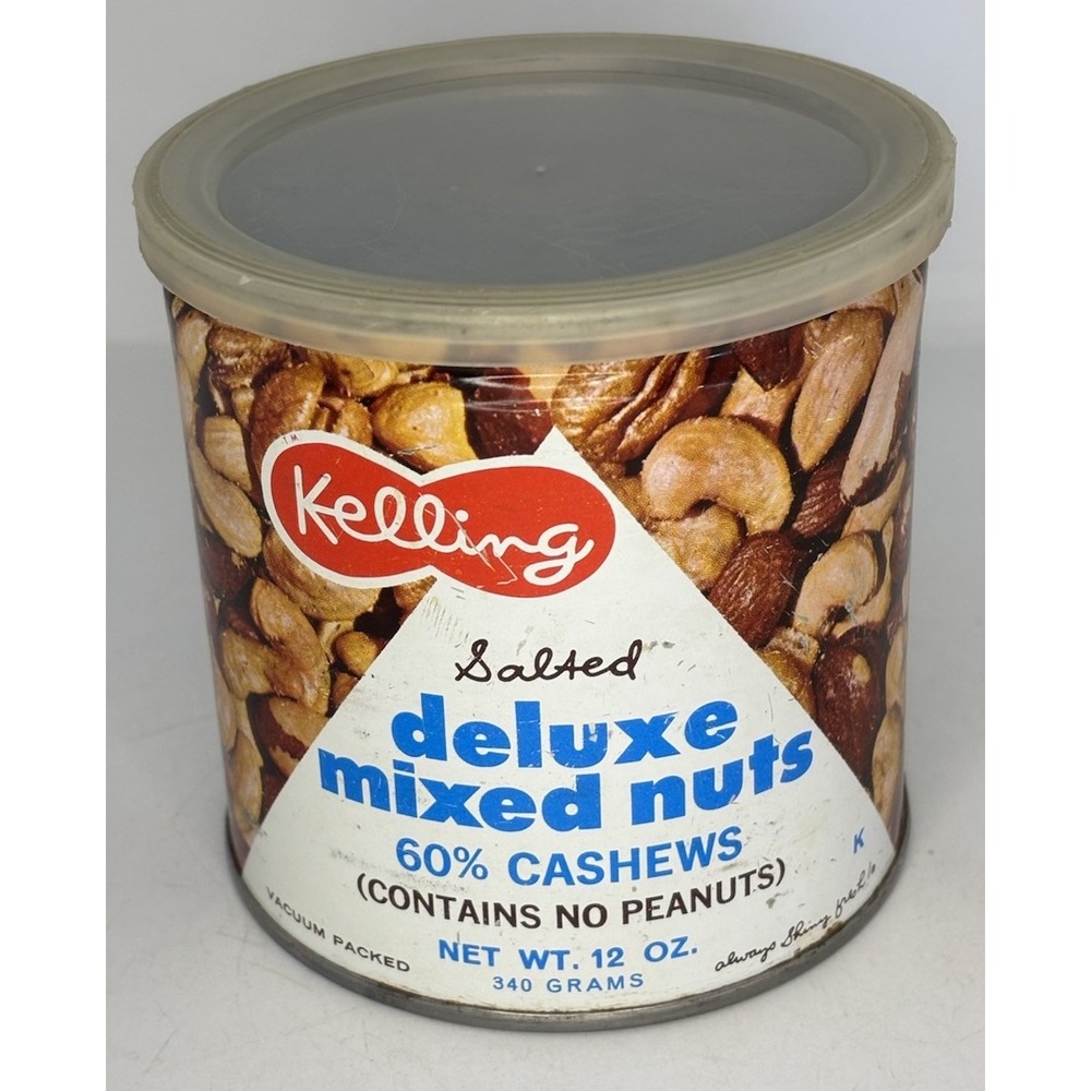 Vintage Kelling Salt Mixed Nuts Tin Can Englewood Cliffs NJ USA 12 oz Size Empty